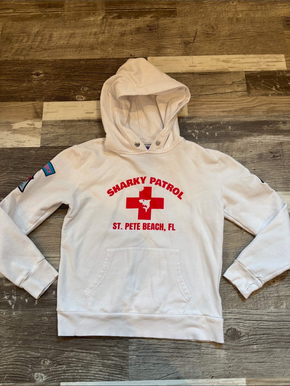 Girls Sharky Patrol St. Pete Beach Crewneck Hoodie - White with Red Graphic
